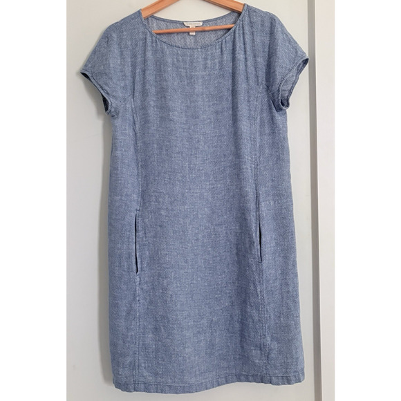 EILEEN FISHER 100% Organic Linen Shift Dress XS Blue Chevron Pockets Coastal - Picture 1 of 11